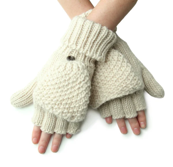 Ręce w wełniane rękawiczki bez palców, na białym tle — Zdjęcie stockowe