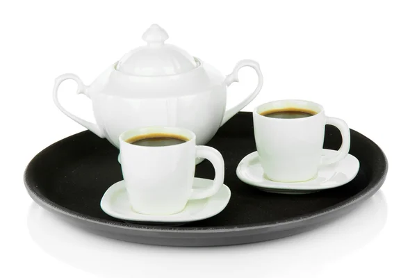 Cups of coffee on tray isolated on white — Stock Photo, Image