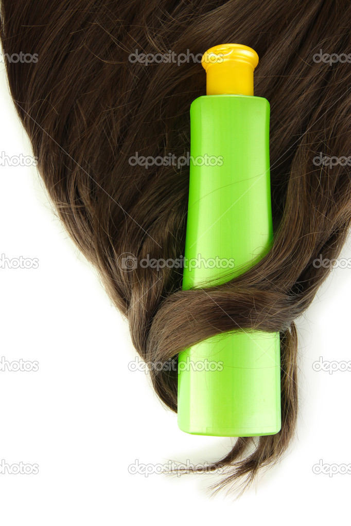 Shiny brown hair with shampoo isolated on white