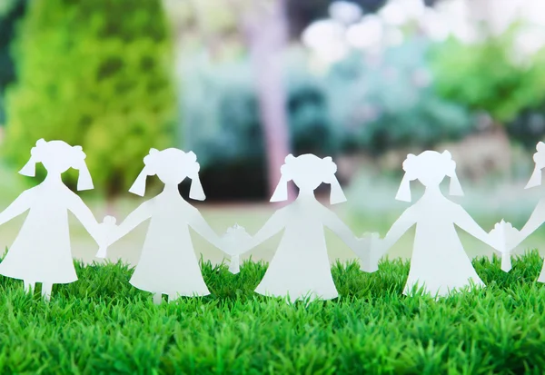 Paper people in social network concept on green grass outdoors — Stock Photo, Image