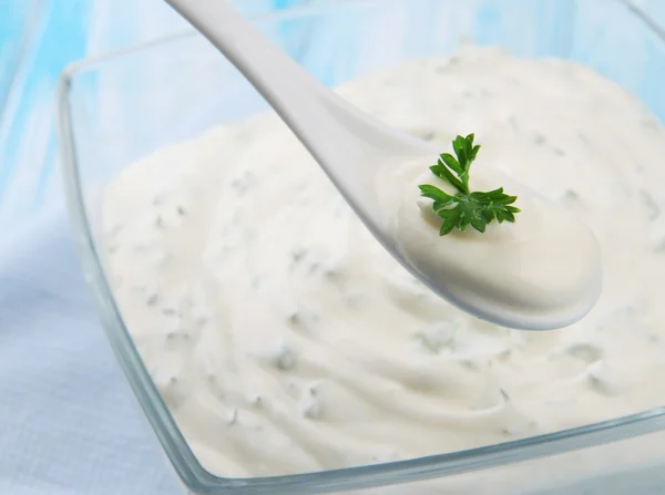 Sour cream on table close-up — Stock Photo, Image