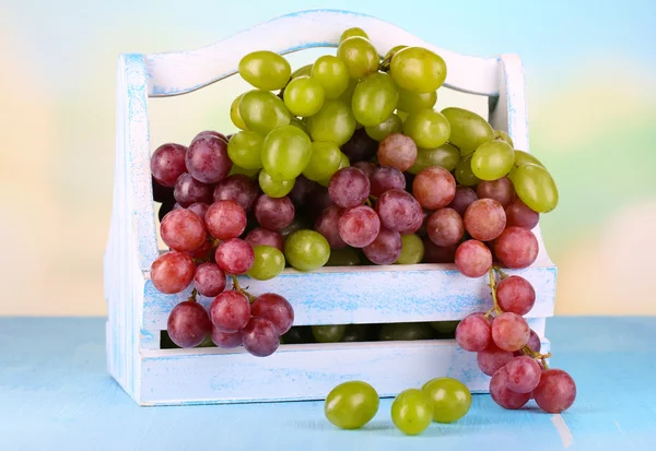 Стиглі зелений і фіолетовий виноград в кошику на дерев'яному столі на природному фоні — стокове фото