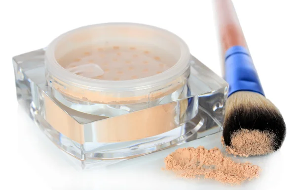 Brush for make-up with powder, isolated on white — Stock Photo, Image