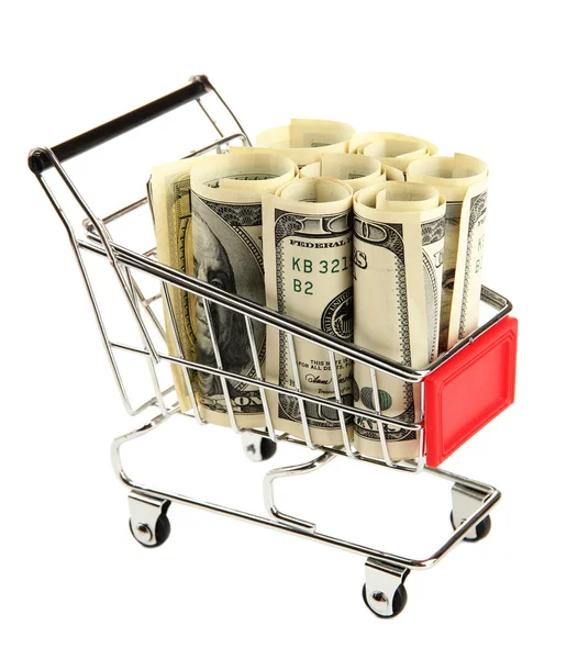 Shopping trolley with dollars, isolated on white — Stock Photo, Image