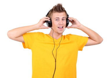yakışıklı genç adam beyaz izole müzik dinlemek