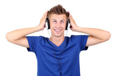 yakışıklı genç adam beyaz izole müzik dinlemek