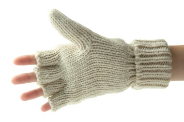 Hand in wool fingerless gloves, isolated on white clipart