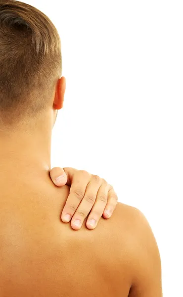 Young man with neck pain, isolated on white — Stock Photo, Image