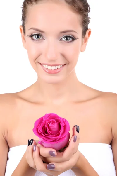 Красива дівчина з трояндою крупним планом ізольована на білому — стокове фото