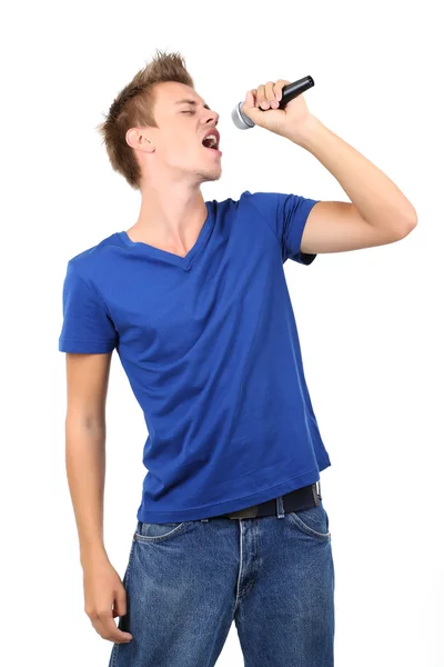 Bonito jovem canta isolado no branco — Fotografia de Stock