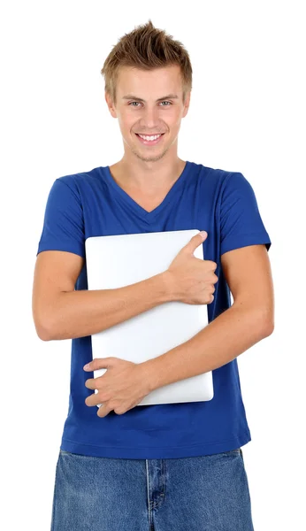 Ein hübscher junger Mann mit Laptop isoliert auf weiß — Stockfoto