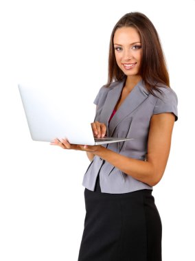 genç güzel iş kadını ile üzerine beyaz izole laptop