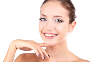 güzel bir kız ile üzerine beyaz izole parlayan ten yakın çekim