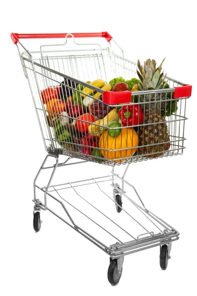 Verschiedenes Obst und Gemüse im Einkaufswagen isoliert auf weiß — Stockfoto