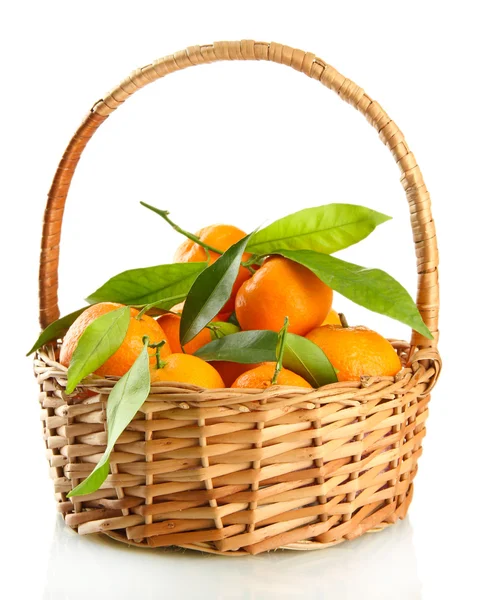 Zralé sladké mandarinky s listy v koši, izolované na bílém — Stock fotografie