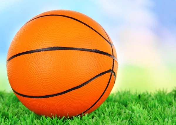 Pallone da basket, su erba verde, su sfondo brillante — Foto Stock