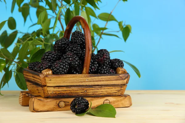 Rijp bramen in mand op houten tafel op natuurlijke achtergrond — Stockfoto