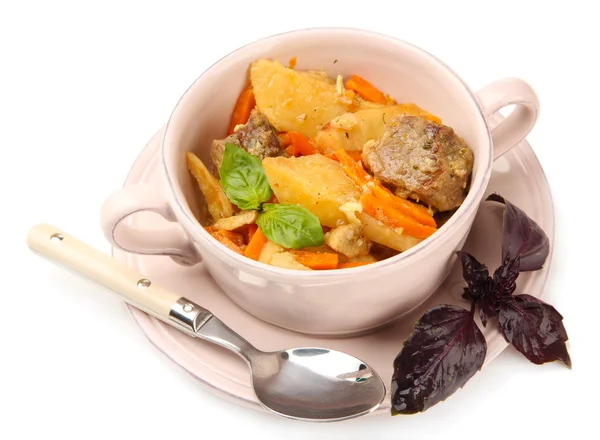 Homemade beef stir fry with vegetables in color bowl, isolated on white — Stock Photo, Image