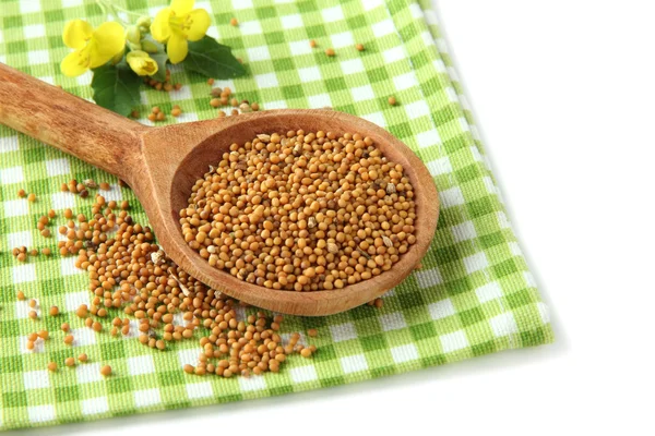 Mustard seeds in wooden spoon with mustard flower isolated on white — Stock Photo, Image