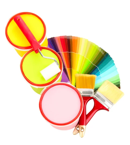 Set para pintar: ollas de pintura, pinceles, rodillo de pintura, paleta de colores aislados en blanco —  Fotos de Stock