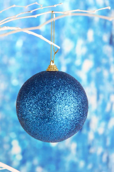 Christmas toy hanging on branch on blue background — Stock Photo, Image