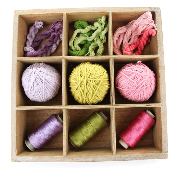 Multicolored skeins of thread in wooden box isolated on white — Stock Photo, Image