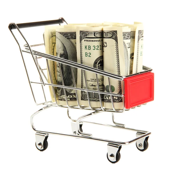Shopping trolley with dollars, isolated on white — Stock Photo, Image
