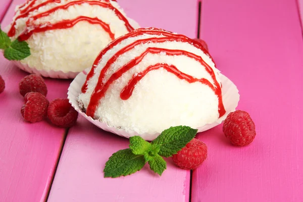 Delicious coconut cakes on table close-up — Stock Photo, Image