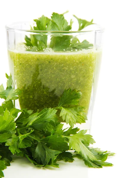 Glass of green vegetable juice close up — Stock Photo, Image