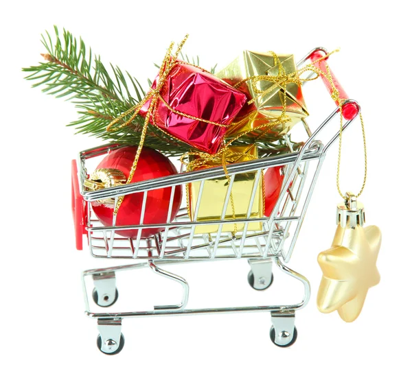 Christmas gifts in shopping trolley, isolated on white — Stock Photo, Image