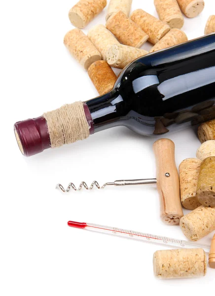 Bottle of wine and corks, isolated on white — Stock Photo, Image