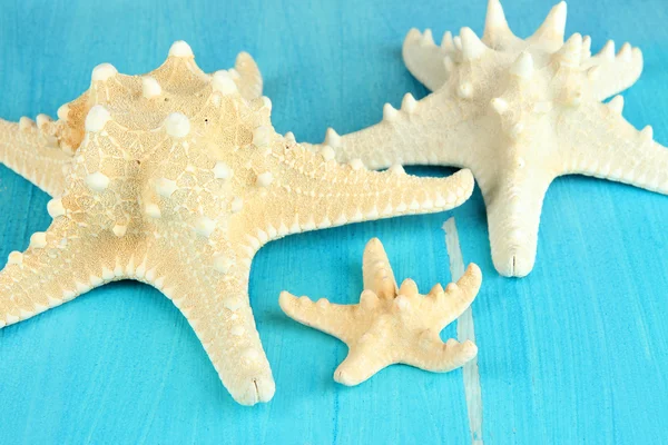 Mavi ahşap masa yakın çekim üzerinde beyaz starfishes — Stok fotoğraf