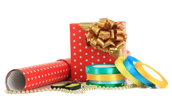 Materials and accessories for wrapping gifts isolated on white — Stock Photo, Image