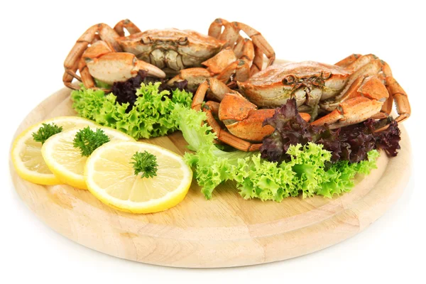 Boiled crabs on wooden board, isolated on white — Stock Photo, Image