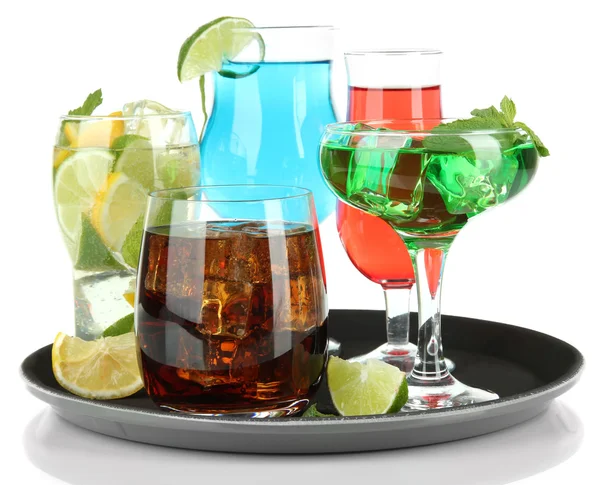 Many glasses of cocktails on tray, isolated on white — Stock Photo, Image