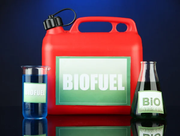 Biokraftstoffe in Kanistern und Fläschchen auf blauem Hintergrund — Stockfoto