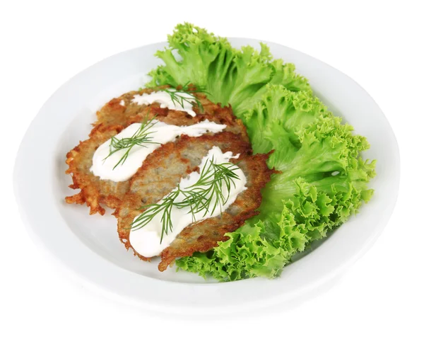 Potato pancakes on plate, isolated on white — Stock Photo, Image