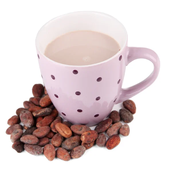 Cocoa drink and cocoa beans isolated on white — Stock Photo, Image