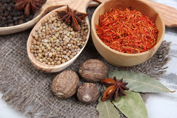 Various spices and herbs on table close up — Stock Photo, Image