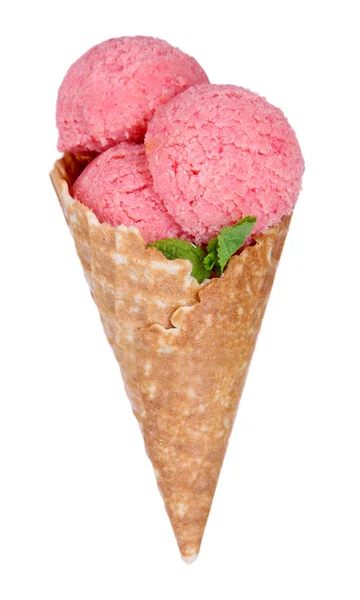 Appetizing pink ice cream with mint in waffle cone isolated on white — Stock Photo, Image