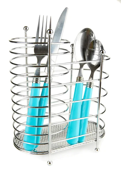 Coltello, forchetta e cucchiai in stativo metallico isolato su bianco — Foto Stock