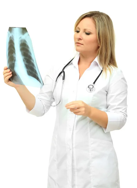 Medical doctor analysing x-ray image isolated on white — Stock Photo, Image