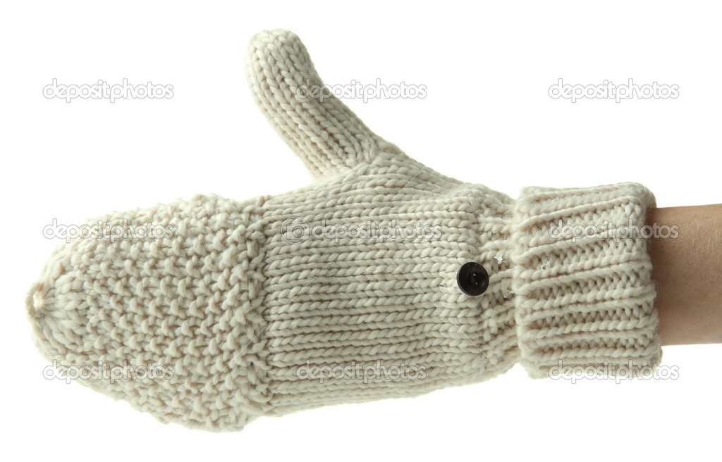 Hand in wool mitten, isolated on white
