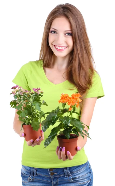 Bella ragazza con fiore in vaso isolato su bianco — Foto Stock