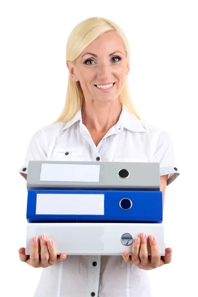 Business woman with documents isolated on white — Stock Photo, Image