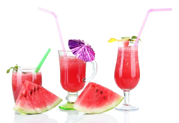 Három pohár friss görögdinnye lé, elszigetelt fehér — Stock Fotó