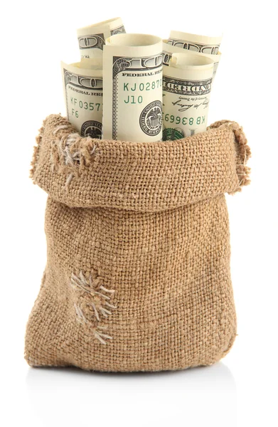 Parayı çantaya beyaz izole — Stok fotoğraf