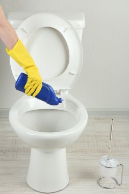 kadın el ile bir banyo klozet Temizleme sprey şişe