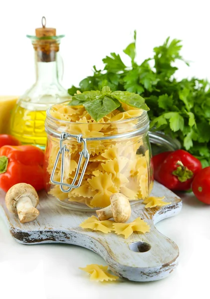 Pasta with oil, cheese and vegetables isolated on white — Stock Photo, Image