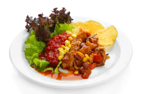 Chili Corn Carne - traditional mexican food, on white plate, on napkin, isolated on white — Stock Photo, Image